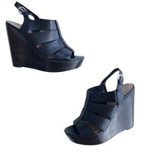 Saks Fifth Avenue Black Leather Wedge Sandals Size 6.5